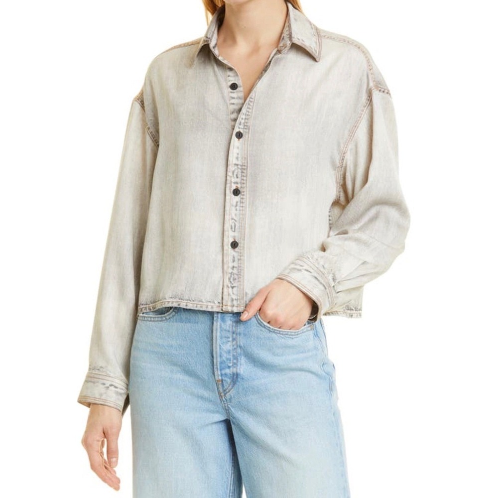 Rag & Bone | Charlie Liquid Crop Button-Up Denim Shirt Black Gray Tencel Size L‎